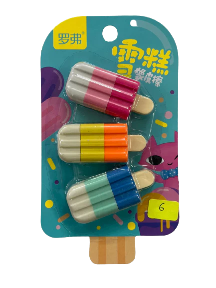 NIYO TOYS dessert eraser set for kids shaped like colorful popsicles with pink orange and blue colors