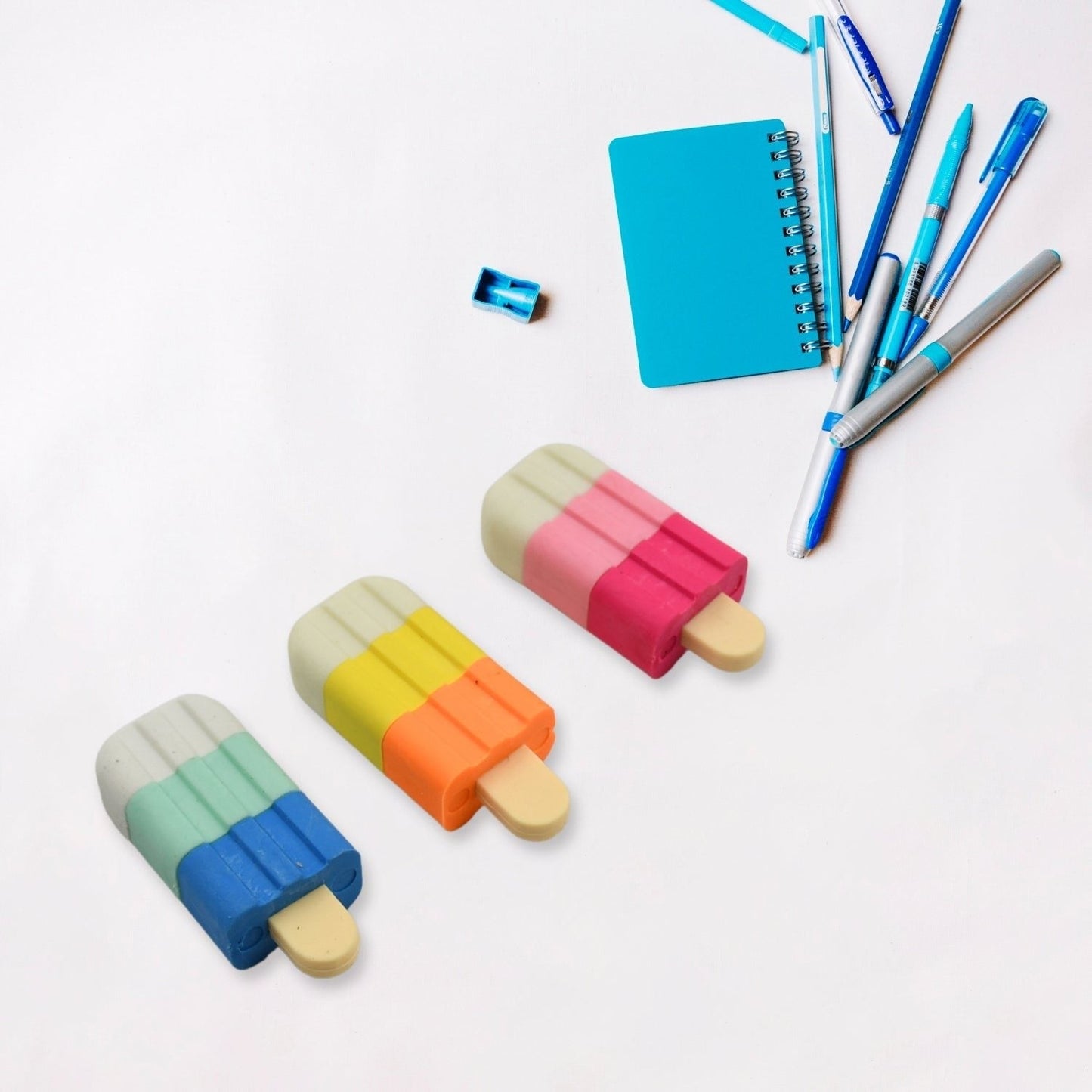 Colorful dessert eraser set for kids featuring popsicle designs, perfect for school and creative projects