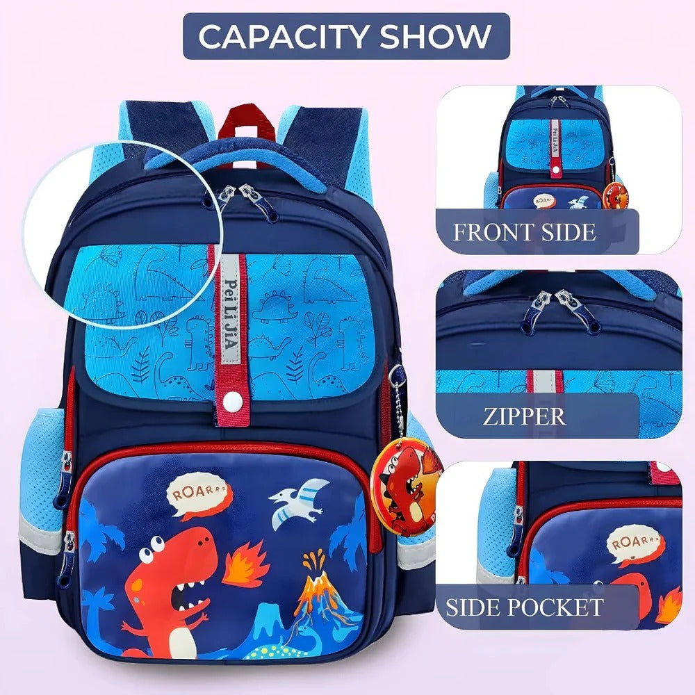Blue dinosaur backpack for kids, age 3+, ideal for school and outdoor adventures