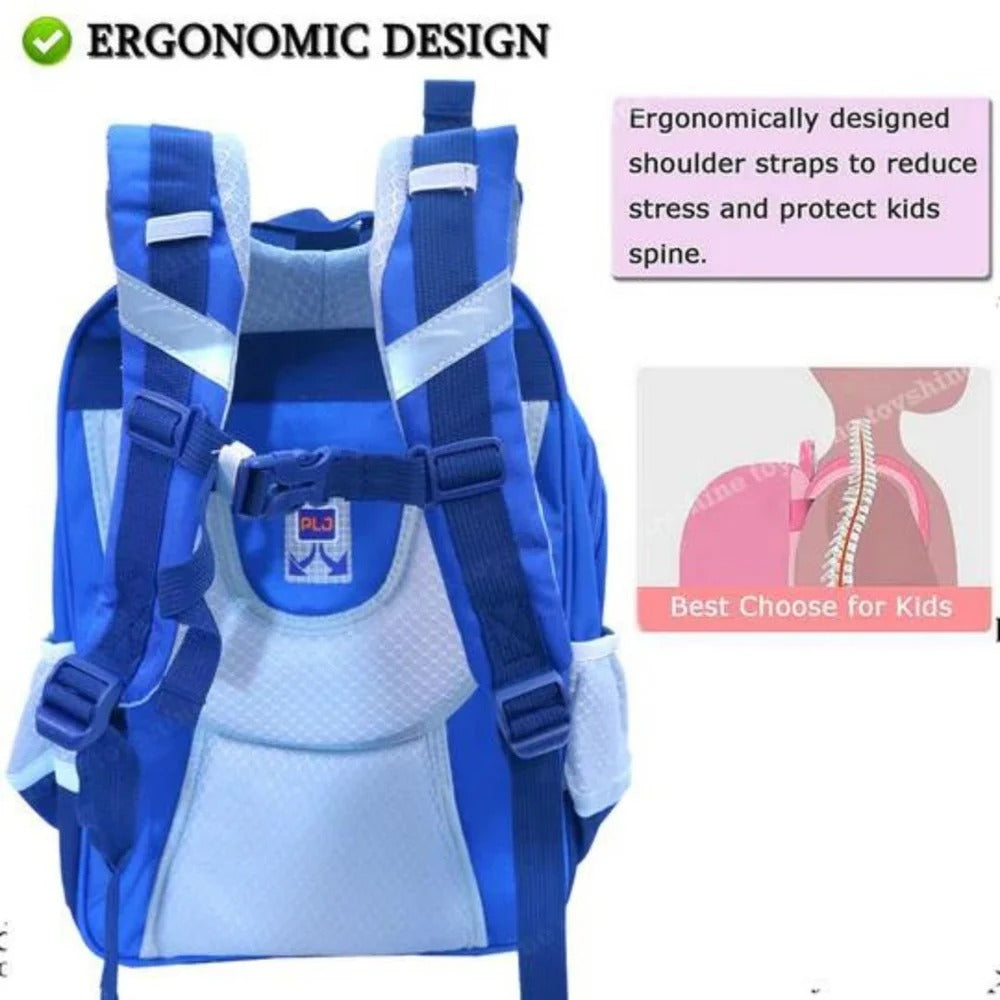 Blue ergonomic dinosaur backpack for kids, designed for comfort and spine support