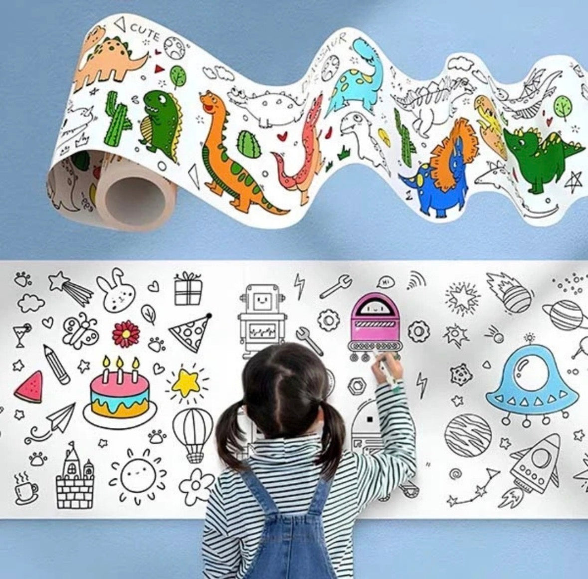 Creative coloring roll featuring dinosaurs and festive designs, ideal for kids aged 3+, perfect for party return gifts