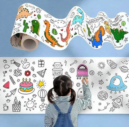Creative coloring roll featuring dinosaurs and festive designs, ideal for kids aged 3+, perfect for party return gifts