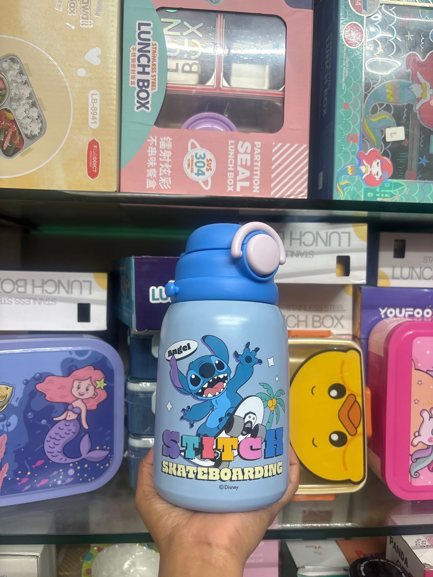 NIYO TOYS stainless steel drinks bottle in blue with Stitch character for kids age 3 and up