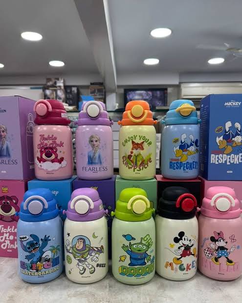 Assorted NIYO TOYS stainless steel drinks bottle for kids featuring colorful designs and characters