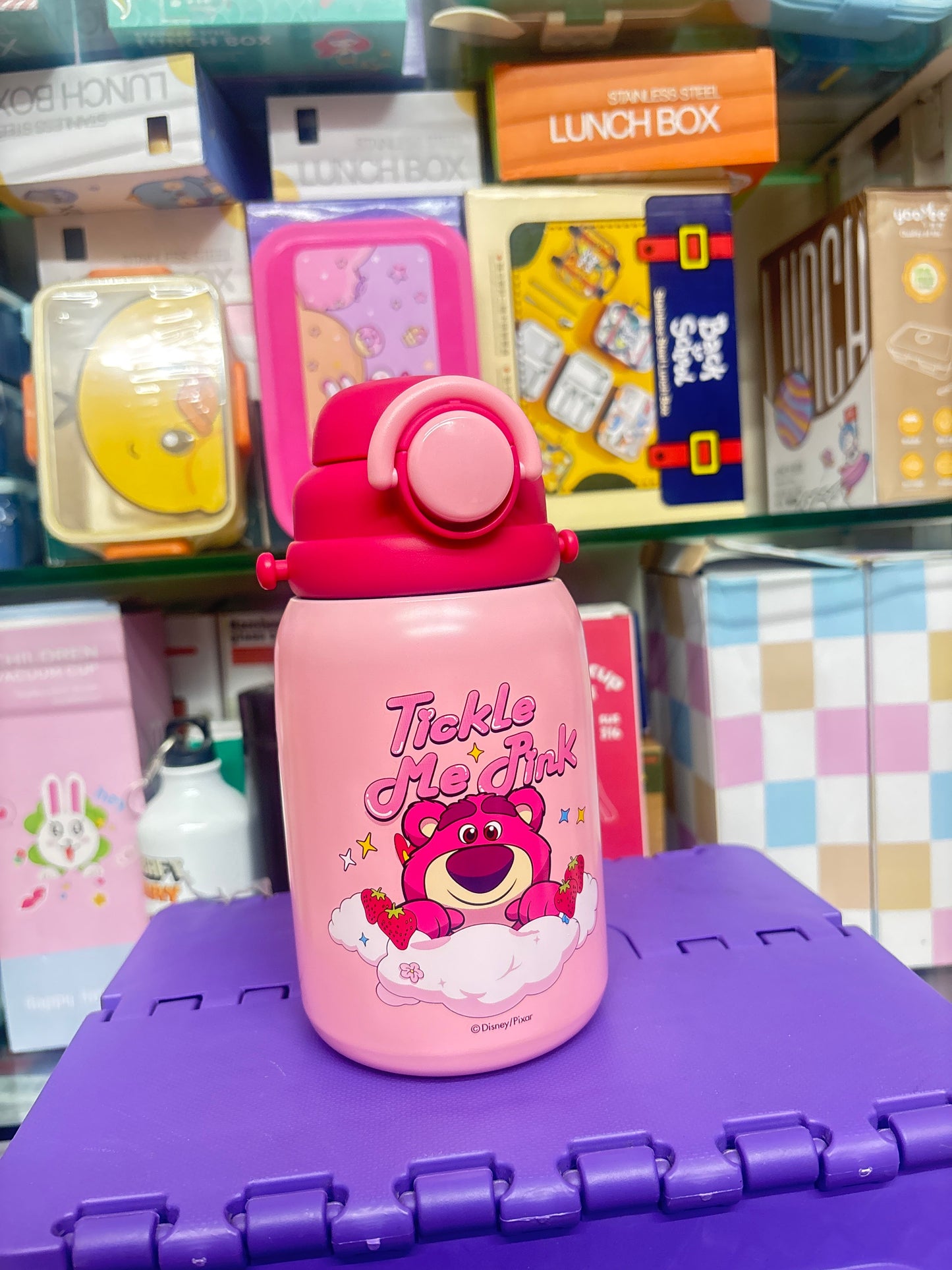 Pink NIYO TOYS stainless steel drinks bottle with a cute bear design for kids age 3 and up