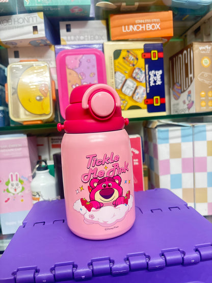 Pink NIYO TOYS stainless steel drinks bottle with a cute bear design for kids age 3 and up