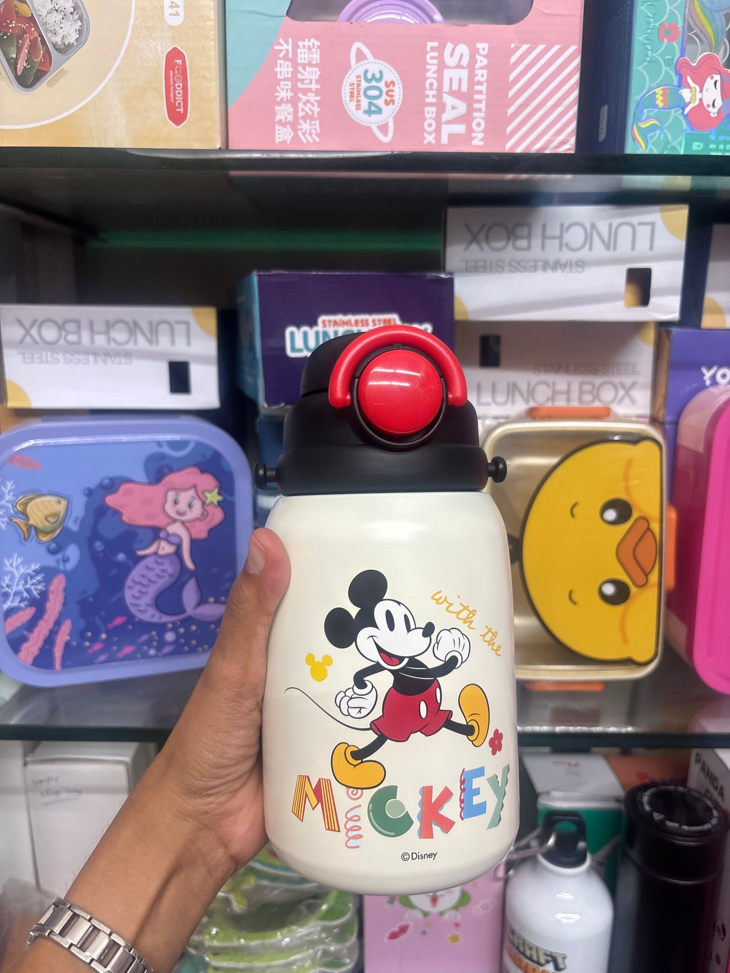 Disney Mickey Mouse stainless steel drinks bottle in white for kids, ideal for school and outdoor use