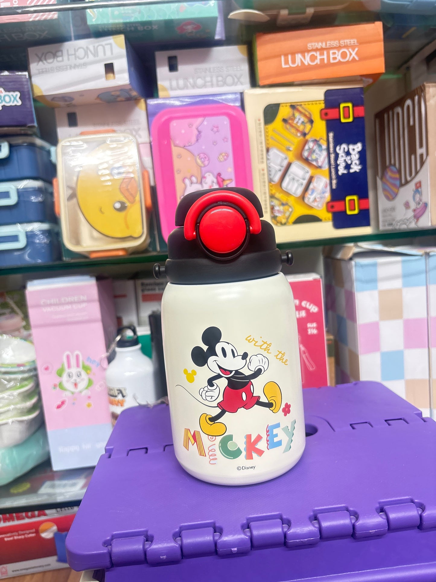 NIYO TOYS Mickey Mouse stainless steel drinks bottle in white, perfect for kids aged 3+ and everyday use