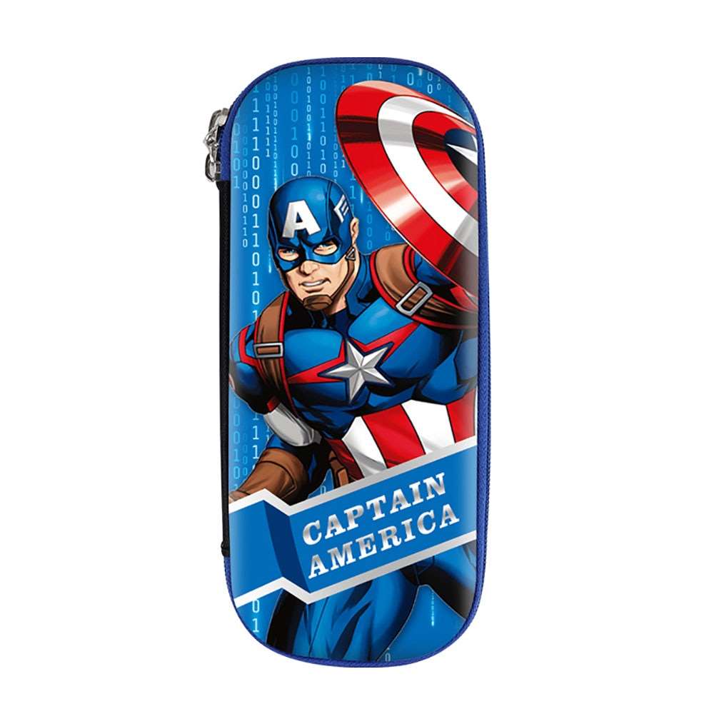 Blue Captain America pencil case for kids featuring super superhero design, age 3+, perfect for school supplies
