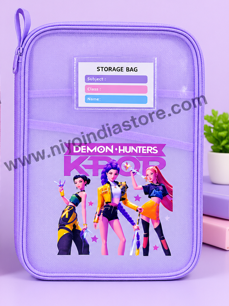 Purple NIYO TOYS storage bag with Demon Hunters KPOP design, perfect for Diwali gift ideas for ages 5 and up