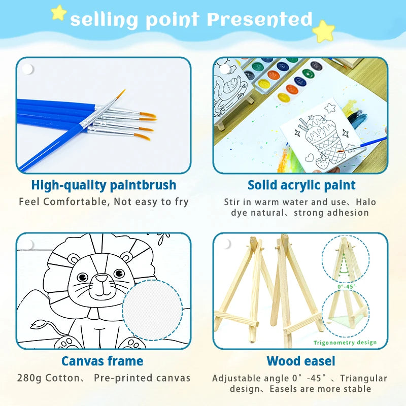 NIYO TOYS painting set with brushes, acrylic paint, canvas, and adjustable easel for kids age 3+, perfect return gift
