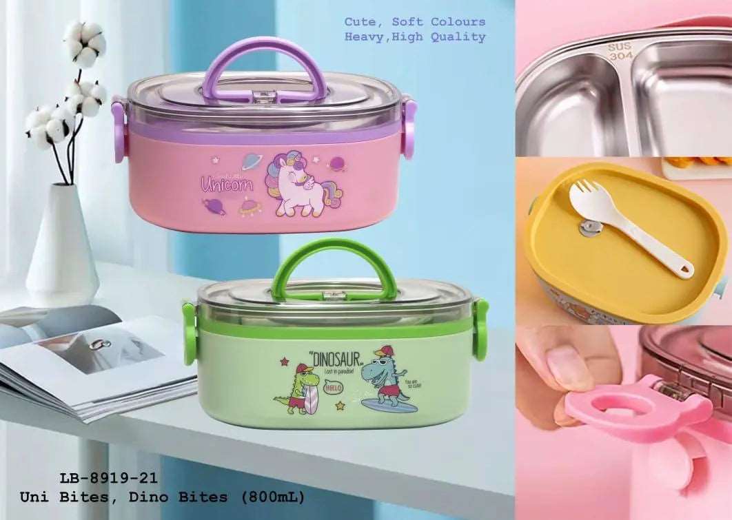 Durable kids lunchbox set in pink and green with cute dinosaur and unicorn designs