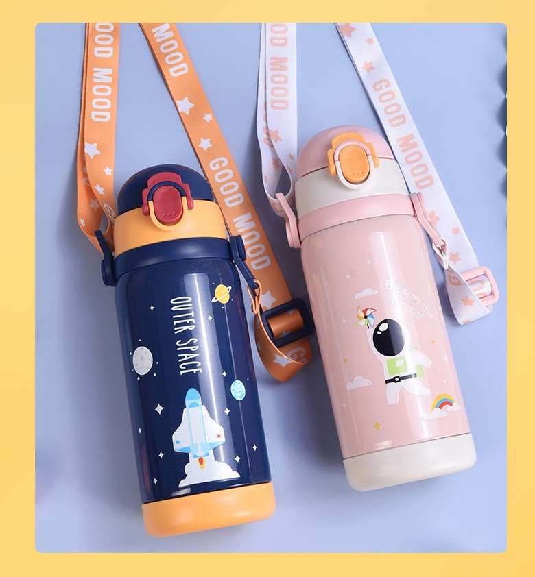 NIYO TOYS durable kids water bottle 450ml in blue and pink with fun space designs and adjustable strap