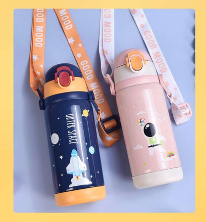 NIYO TOYS durable kids water bottle 450ml in blue and pink with fun space designs and adjustable strap