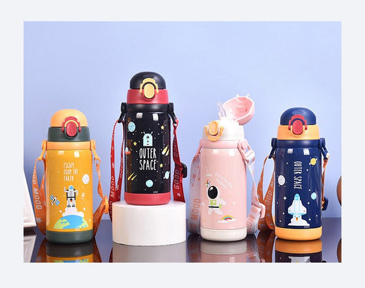 Colorful durable kids water bottle 450ml with fun space-themed designs and easy-grip handles