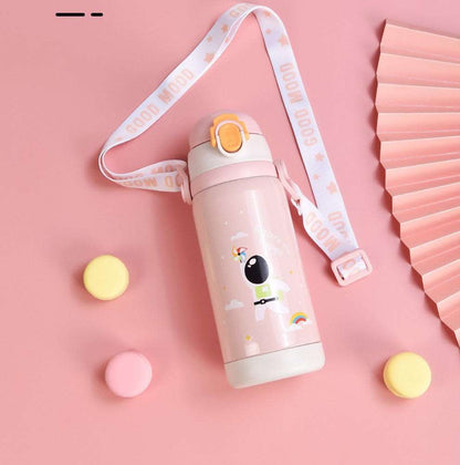 NIYO TOYS durable kids water bottle 450ml in pink with space-themed design and adjustable strap