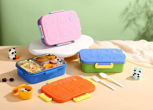 Colorful durable lunch box for school with multiple compartments and utensils for kids