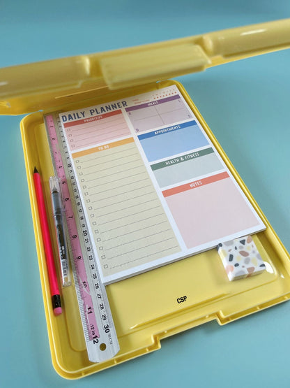 NIYO TOYS Daily Planner Exam Pad in a Yellow Case with Ruler and Pink Pen for Organizing Tasks