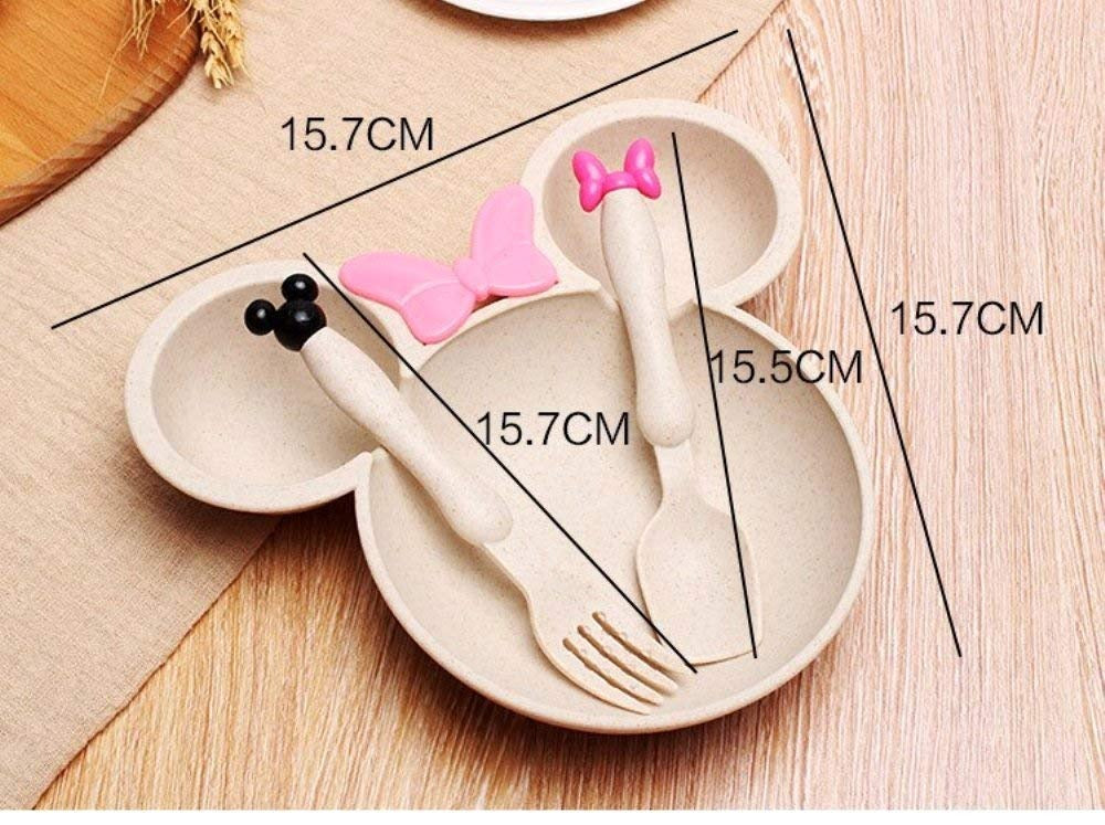 Minnie Mouse inspired eco-friendly dinnerware set for toddlers with pink and black utensils, age 1+