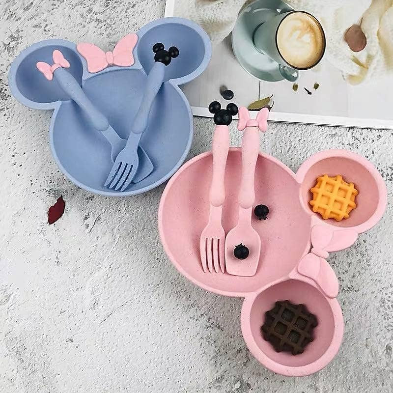 Mickey Mouse shaped eco-friendly dinnerware set in blue and pink for kids, ideal for birthdays and special events