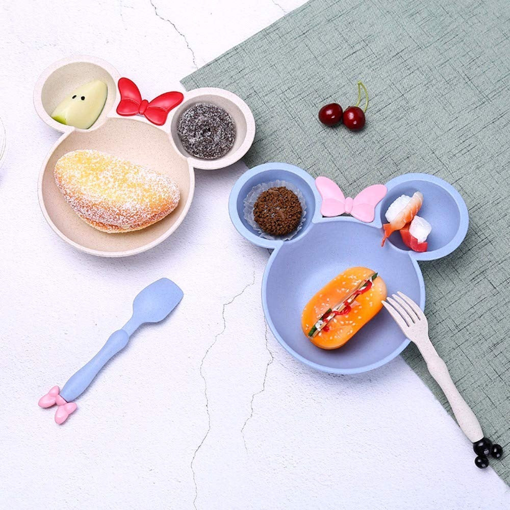 Eco-friendly dinnerware set in blue and pink, designed for kids with Mickey Mouse theme, perfect for birthdays