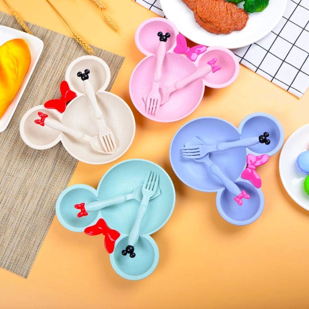 Colorful eco-friendly dinnerware set featuring Mickey Mouse plates with utensils for kids, ages 3 and up