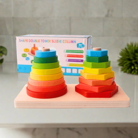 NIYO TOYS educational stacking toys featuring colorful rings on a wooden base for shape learning