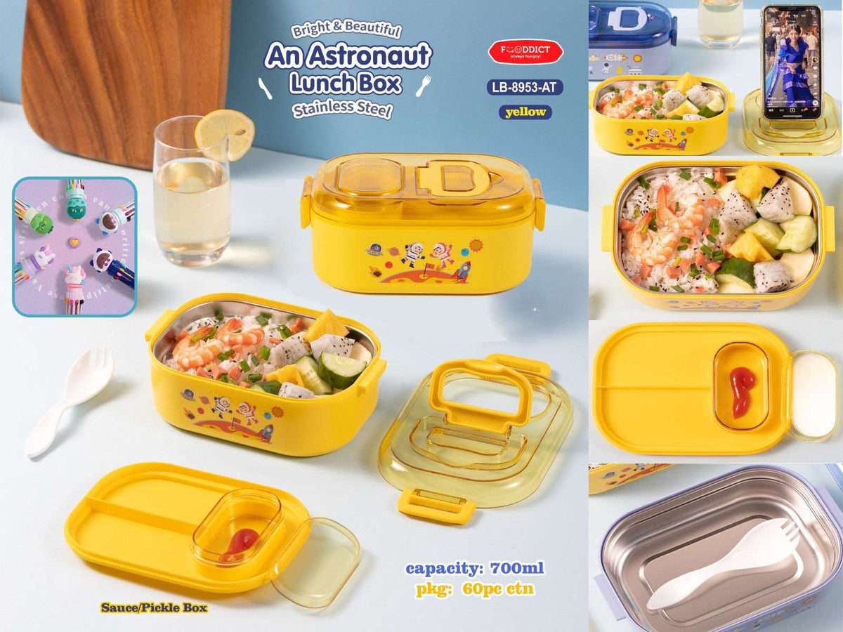 Yellow kids lunch box with astronaut design and 700ml capacity, perfect for school lunches