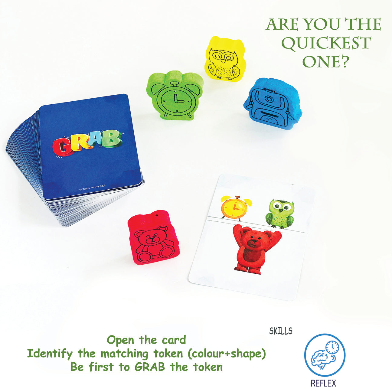 Colorful GRAB game tokens with matching cards for ages 5 and up, fun family game for quick reflexes