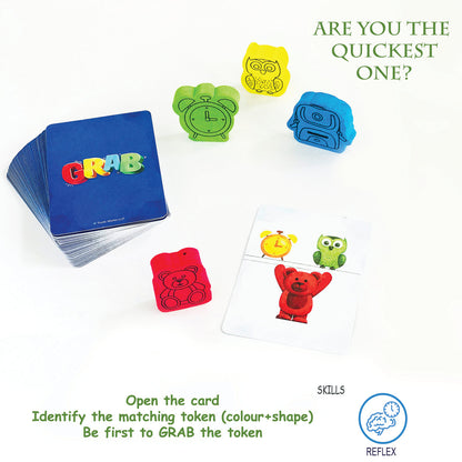 Colorful GRAB game tokens with matching cards for ages 5 and up, fun family game for quick reflexes
