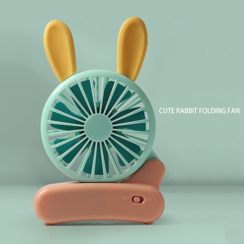 Cute rabbit folding fan handheld in mint and peach, ideal for kids age 3 and up, perfect for hot days