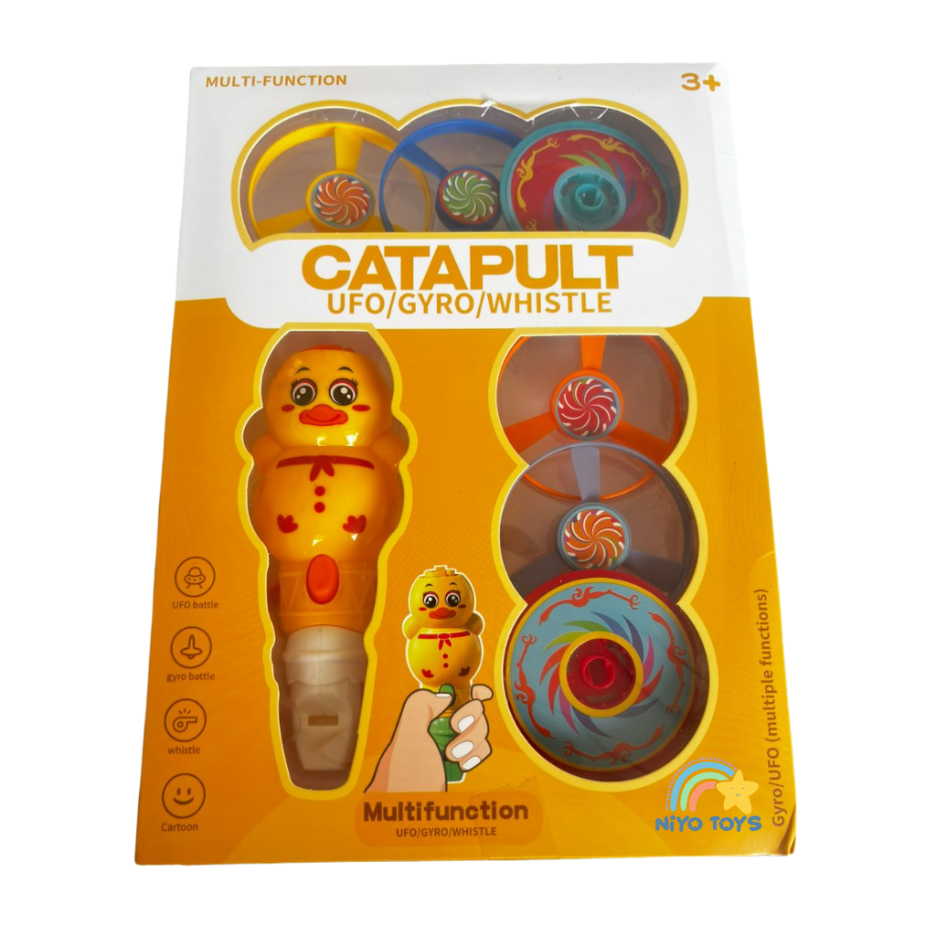 Niyo Toys Catapult UFO Toy Set in Yellow, for ages 3+, includes flying bird toy for cat and spinning tops.