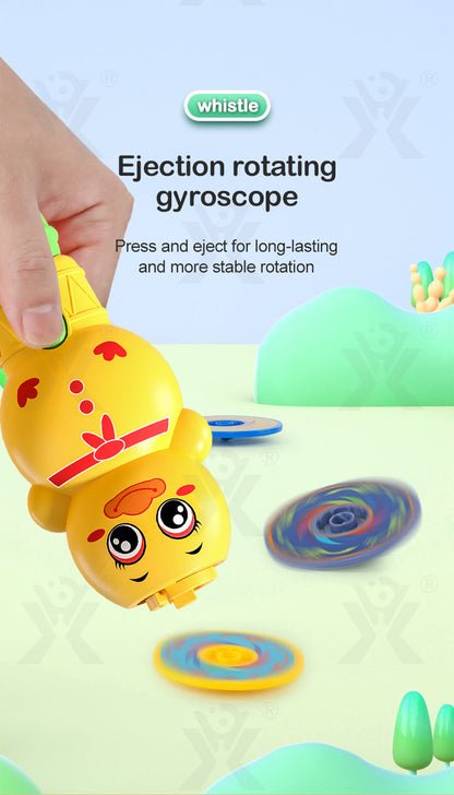 Yellow ejection rotating gyroscope toy with smiling bird face, designed as a flying bird toy for cat