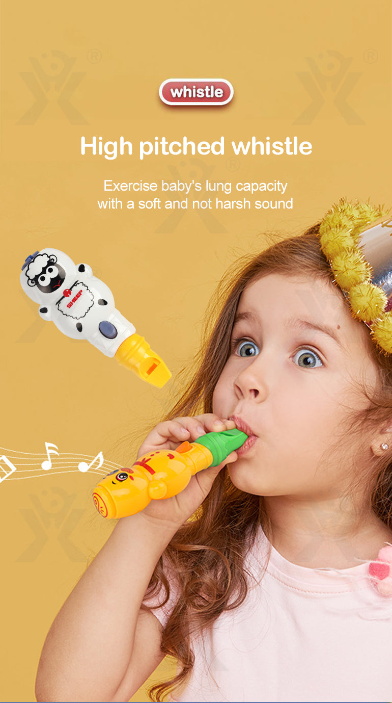 Youthful child playing with a colorful baby whistle toy designed for toddlers, age 1+, soft sound