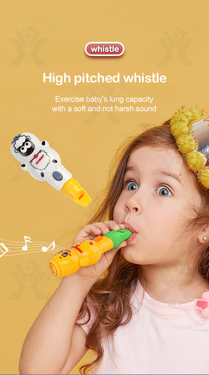 Youthful child playing with a colorful baby whistle toy designed for toddlers, age 1+, soft sound