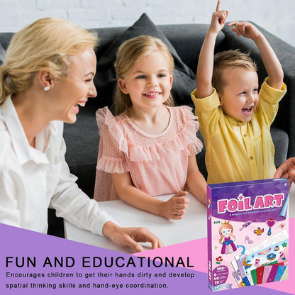 Kids enjoying the Foil Art Craft Kit for kids with an adult, promoting creativity and fun learning.