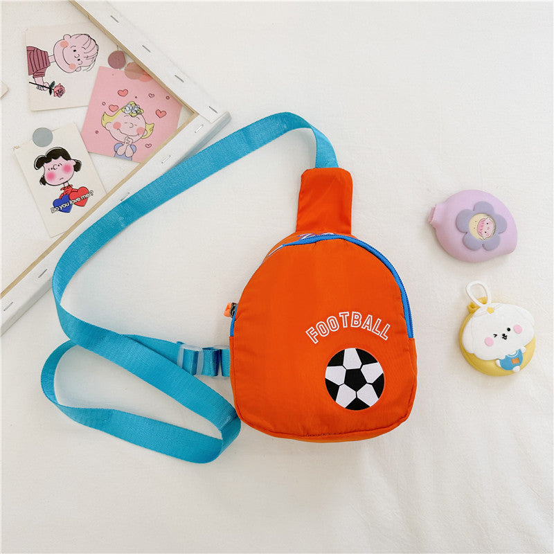 NIYO TOYS Football kids shoulder bag in orange with a black soccer ball design and blue strap