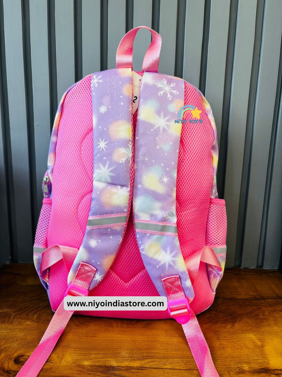 Pink NIYO TOYS Frozen school backpack with colorful strap and mesh design for kids
