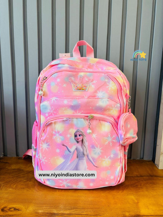 NIYO TOYS Frozen school backpack in pink with Elsa design and colorful snowflakes