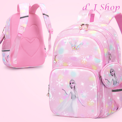 Frozen school backpack in pink with Elsa design and heart-shaped back panel for kids