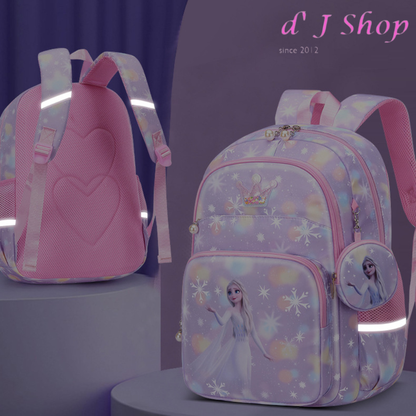 Frozen school backpack in pink with reflective straps and charm featuring Elsa for kids