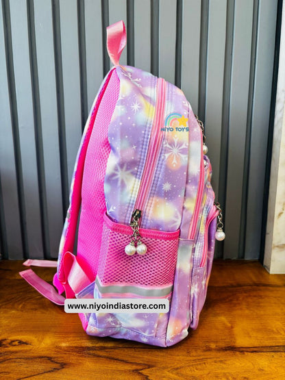 NIYO TOYS Frozen school backpack in purple and pink with zipper pockets and mesh side compartments