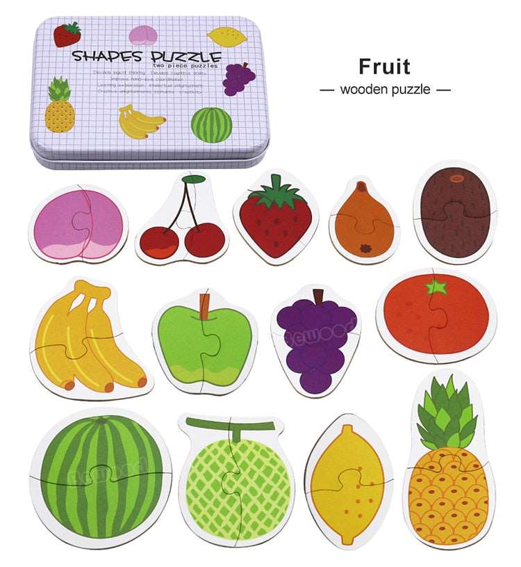 Wooden fruit shapes puzzle for infants featuring colorful pieces and designed for educational play