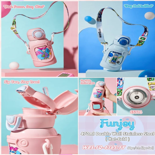 Funjoy 470ml Double Wall Stainless Steel Drinks Bottle in Pink, age 3+, perfect for kids' hydration