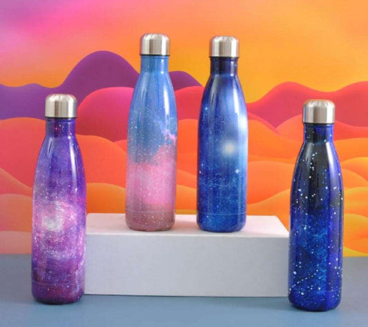 Galaxy insulated water bottle for kids in multiple colors, perfect for staying hydrated on adventures