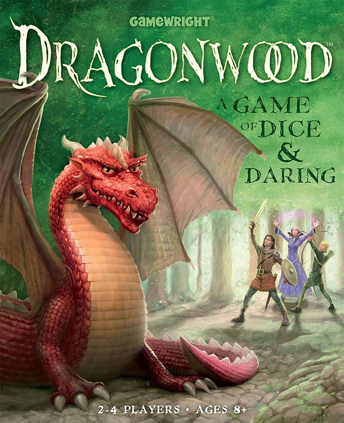 Dragonwood strategy game board game for ages 8+, featuring a dragon and adventurers on the cover