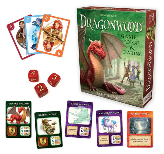 Dragonwood strategy game board game with colorful cards and dice, age 8+, fun family adventure