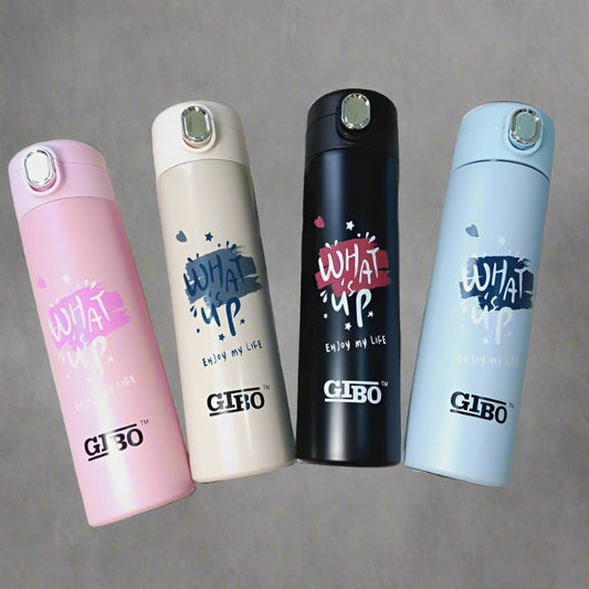 NIYO TOYS 500 ml insulated bottle in pink, beige, black, and blue with fun designs