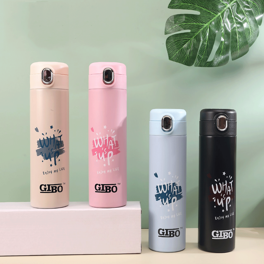 NIYO TOYS 500 ml insulated bottle set in pink, blue, black, and beige for keeping drinks cold or hot