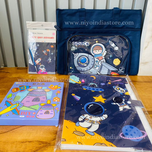 Niyo Toys space-themed backpack set, navy blue, gift for mom on birthday, includes DIY craft items and astronaut design